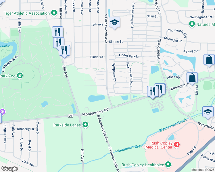map of restaurants, bars, coffee shops, grocery stores, and more near 1031 Symphony Drive in Aurora