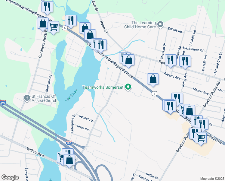 map of restaurants, bars, coffee shops, grocery stores, and more near 621 Lees River Avenue in Somerset