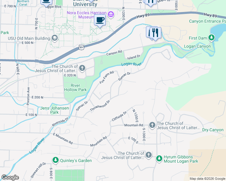 map of restaurants, bars, coffee shops, grocery stores, and more near 1130 Sumac Drive in Logan