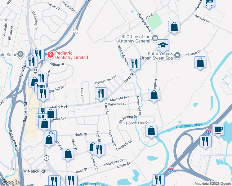 map of restaurants, bars, coffee shops, grocery stores, and more near 189 East Street in Cranston