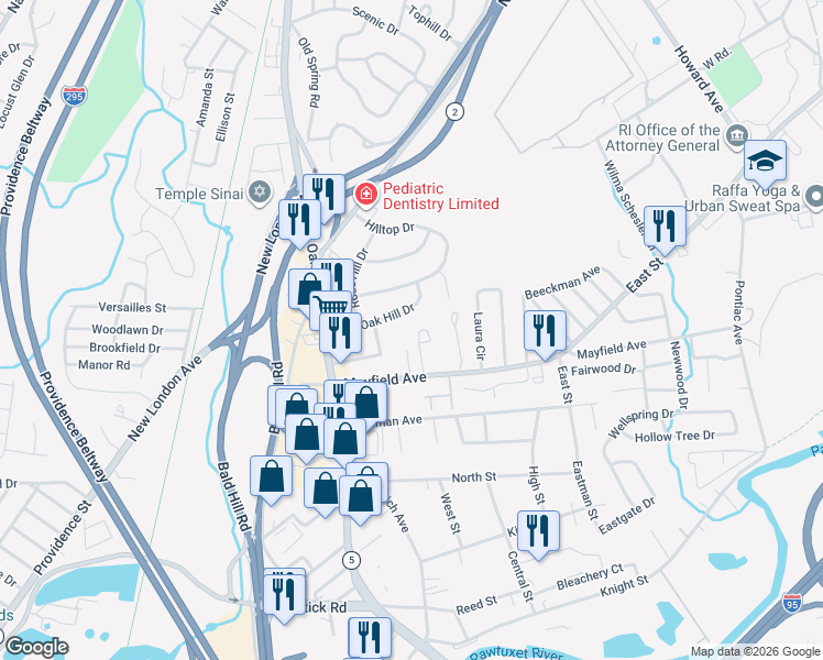 map of restaurants, bars, coffee shops, grocery stores, and more near 65 Oak Hill Drive in Cranston