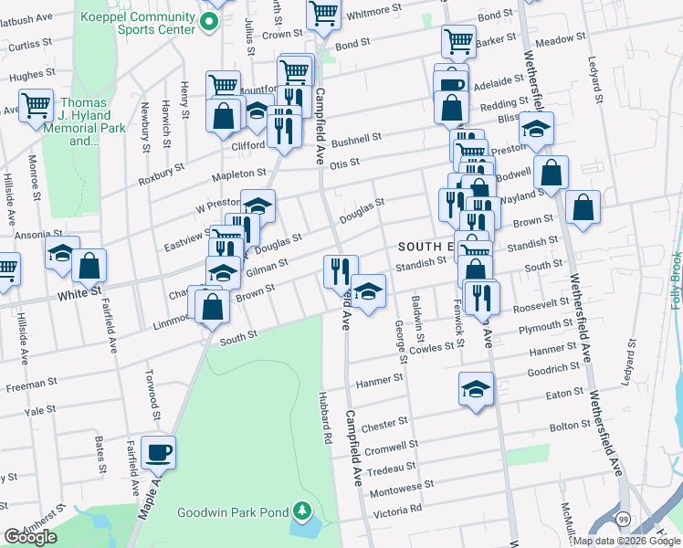 map of restaurants, bars, coffee shops, grocery stores, and more near 220 Campfield Avenue in Hartford