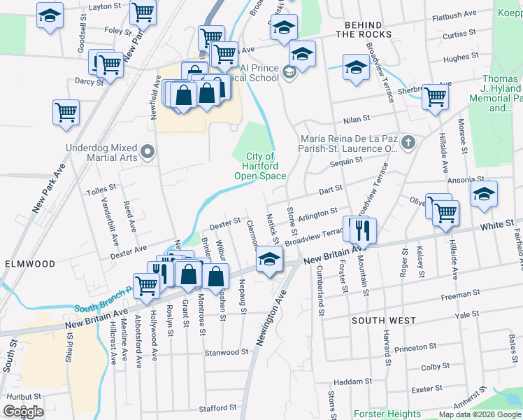 map of restaurants, bars, coffee shops, grocery stores, and more near 198 Dart Street in Hartford