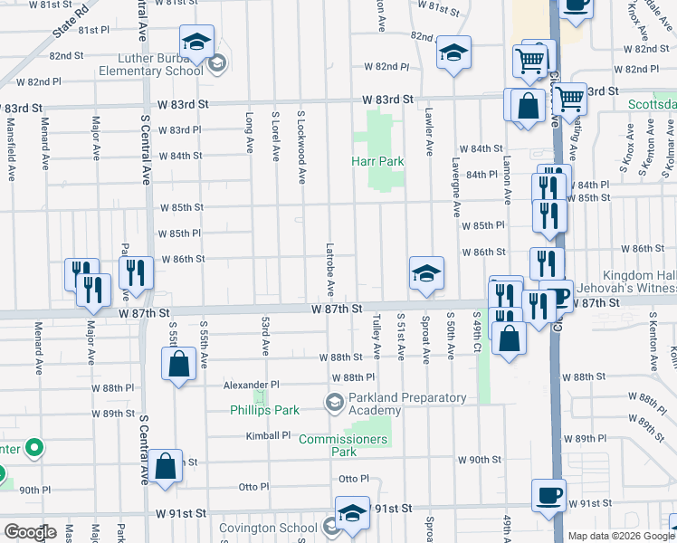 map of restaurants, bars, coffee shops, grocery stores, and more near 8601 Latrobe Avenue in Burbank