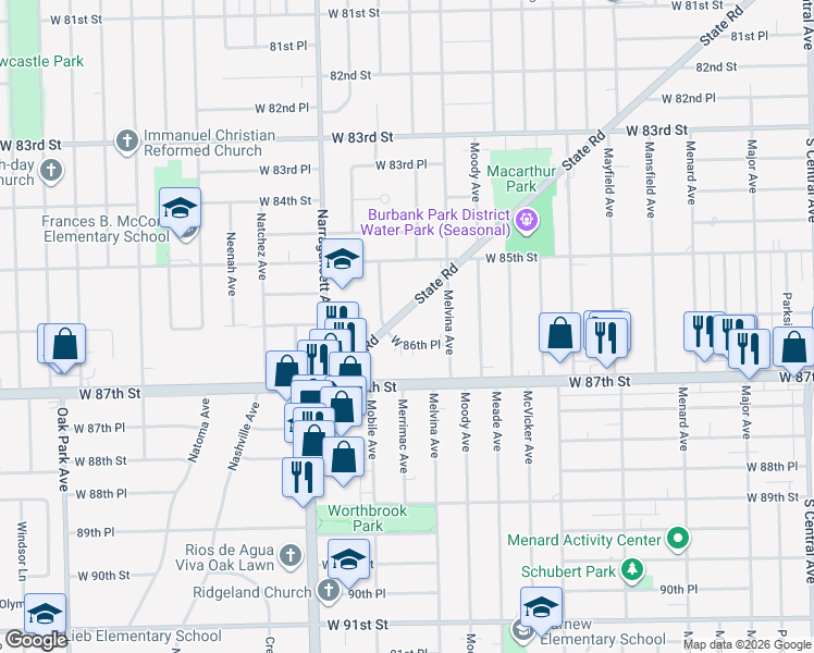 map of restaurants, bars, coffee shops, grocery stores, and more near 8560 State Road in Burbank