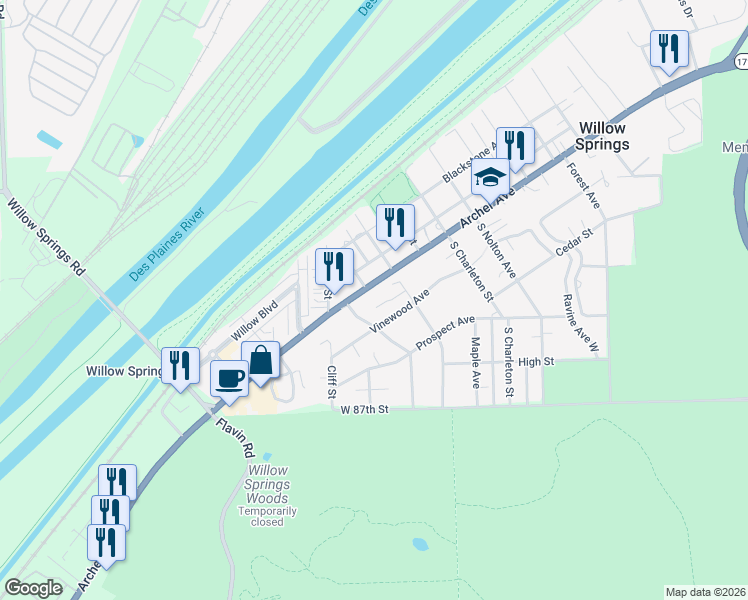 map of restaurants, bars, coffee shops, grocery stores, and more near 8459 Archer Avenue in Willow Springs