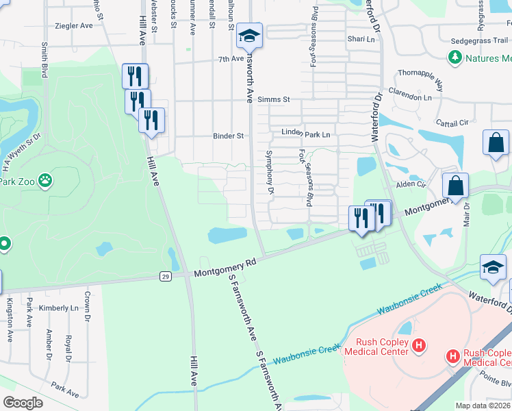 map of restaurants, bars, coffee shops, grocery stores, and more near 1031 Symphony Drive in Aurora