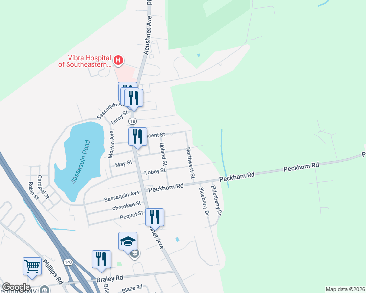 map of restaurants, bars, coffee shops, grocery stores, and more near 326 Northwest Street in Acushnet