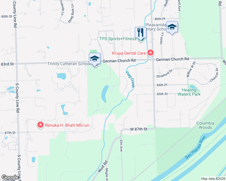 map of restaurants, bars, coffee shops, grocery stores, and more near 8425 Hickory Court in Burr Ridge