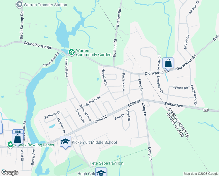 map of restaurants, bars, coffee shops, grocery stores, and more near 17 Patience Lane in Warren
