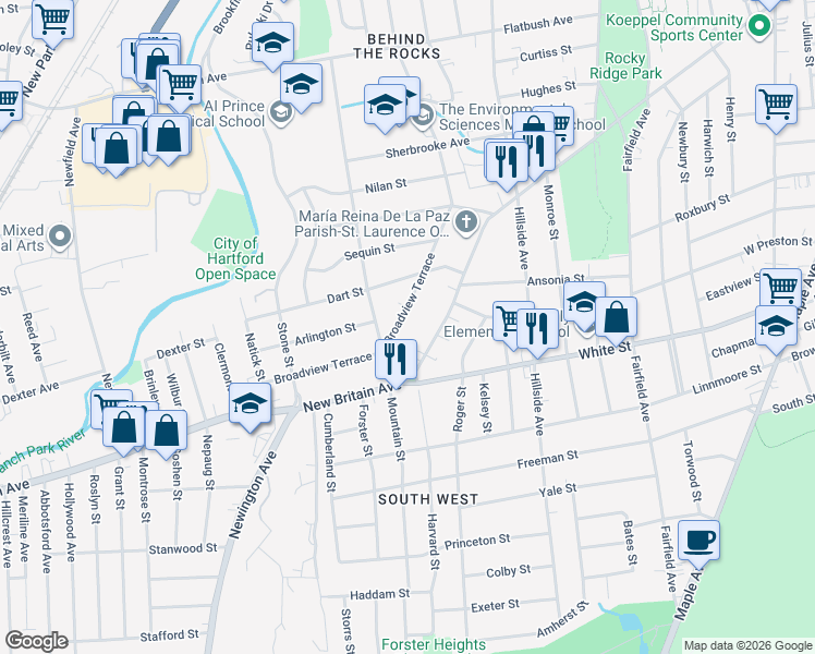 map of restaurants, bars, coffee shops, grocery stores, and more near 600 Broadview Terrace in Hartford
