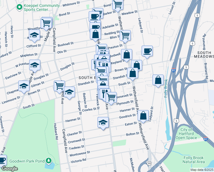 map of restaurants, bars, coffee shops, grocery stores, and more near 486 Franklin Avenue in Hartford