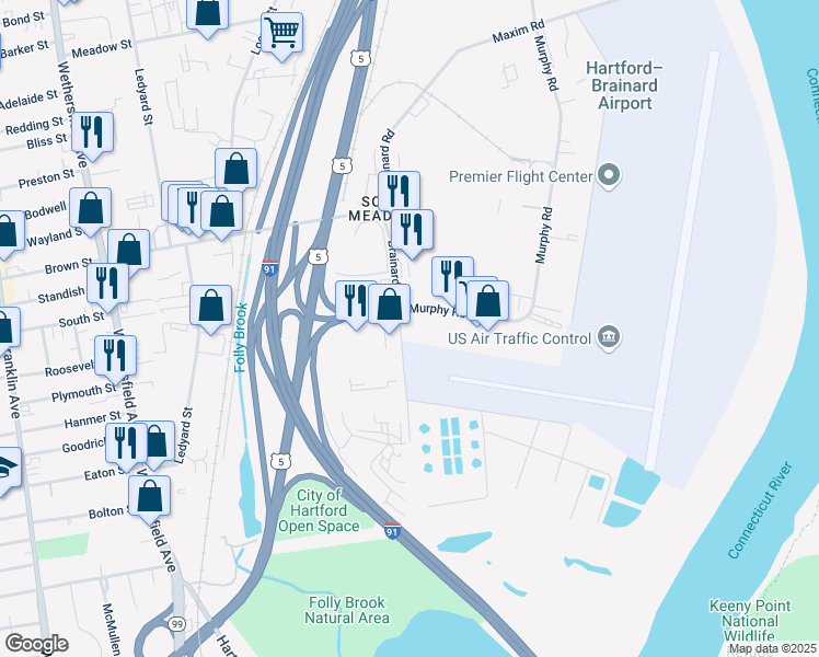 map of restaurants, bars, coffee shops, grocery stores, and more near 160 Brainard Road in Hartford