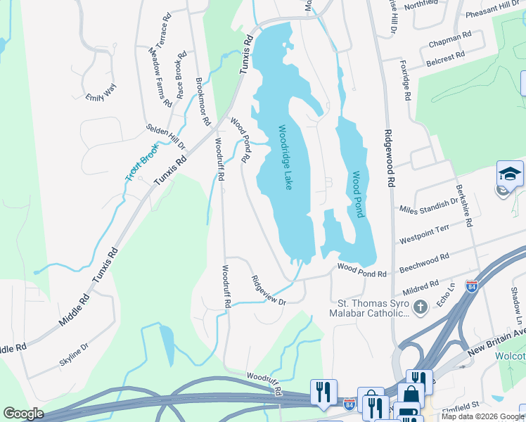 map of restaurants, bars, coffee shops, grocery stores, and more near 129 Wood Pond Road in West Hartford