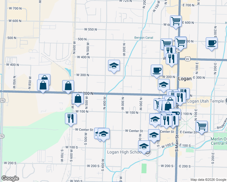 map of restaurants, bars, coffee shops, grocery stores, and more near 351 West 200 North in Logan