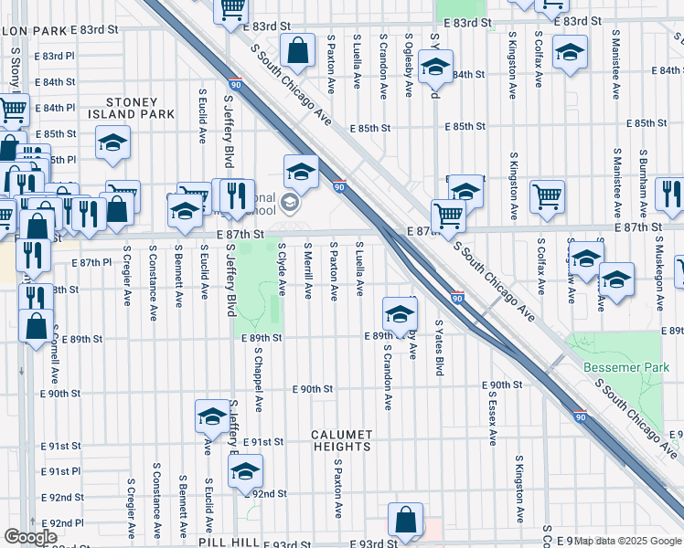 map of restaurants, bars, coffee shops, grocery stores, and more near 8738 South Luella Avenue in Chicago