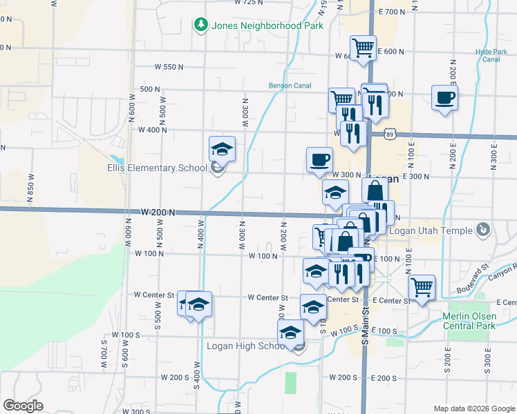 map of restaurants, bars, coffee shops, grocery stores, and more near 240 North 300 West in Logan