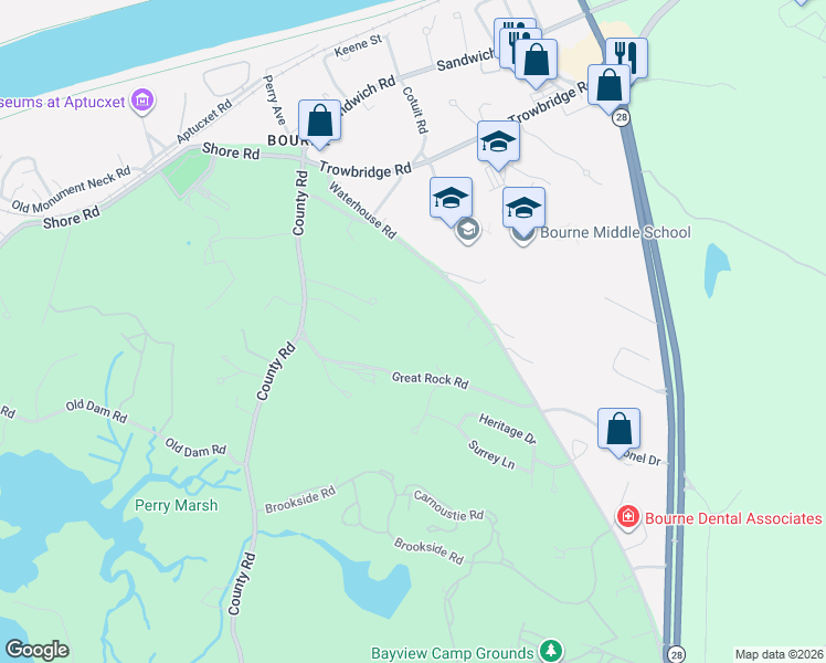 map of restaurants, bars, coffee shops, grocery stores, and more near 73 County Road in Bourne