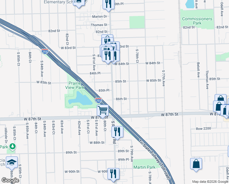 map of restaurants, bars, coffee shops, grocery stores, and more near 8515 Hill Top Court in Justice
