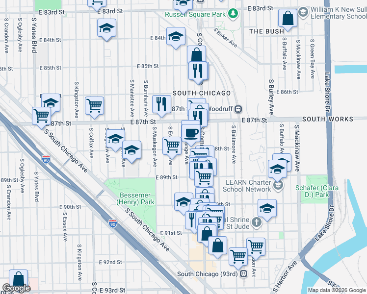 map of restaurants, bars, coffee shops, grocery stores, and more near 8741 South Escanaba Avenue in Chicago