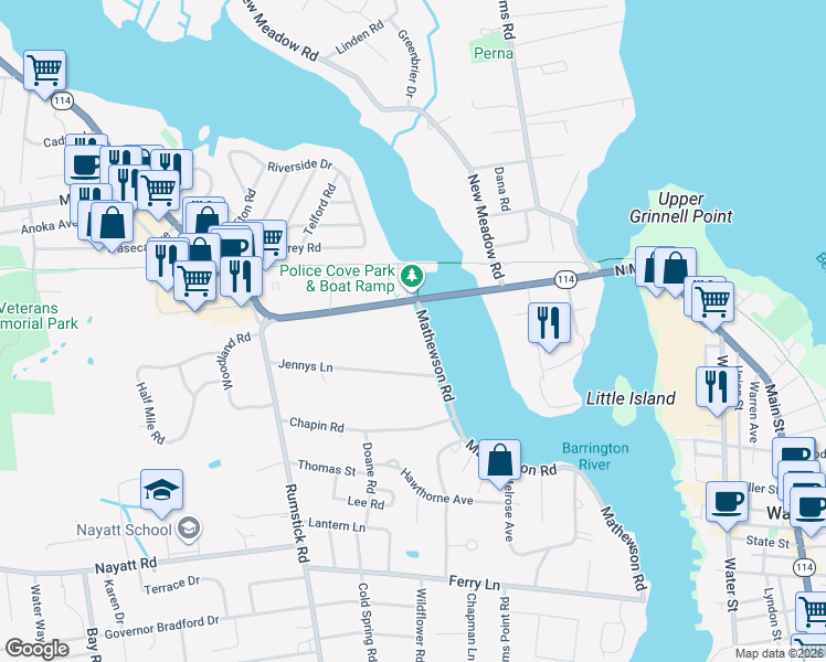 map of restaurants, bars, coffee shops, grocery stores, and more near 94 County Road in Barrington