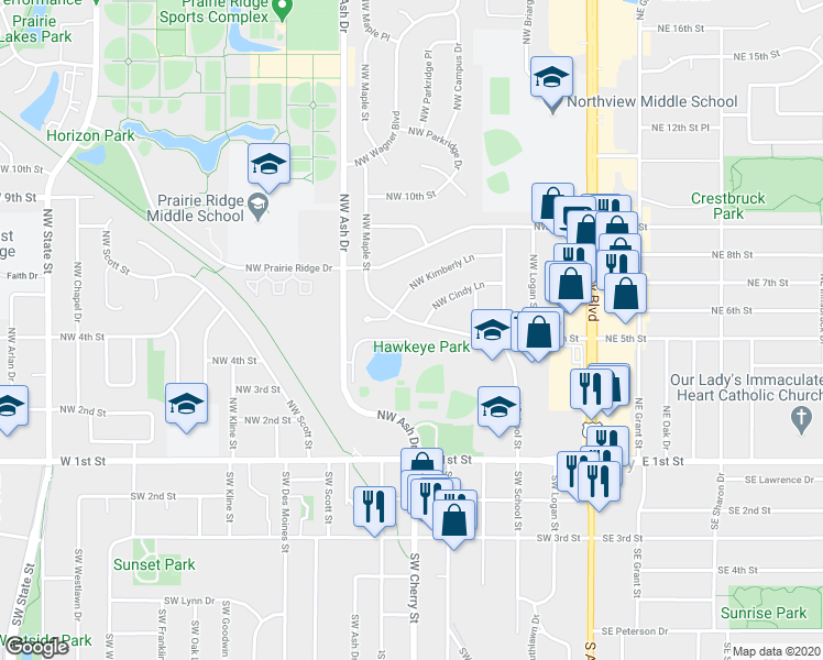 map of restaurants, bars, coffee shops, grocery stores, and more near 513 Northwest 5th Street in Ankeny