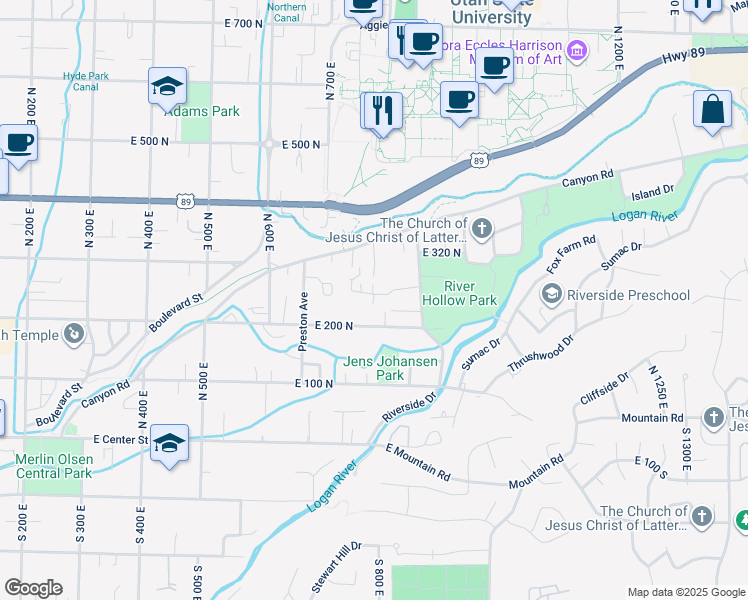 map of restaurants, bars, coffee shops, grocery stores, and more near 835 East 275 North in Logan