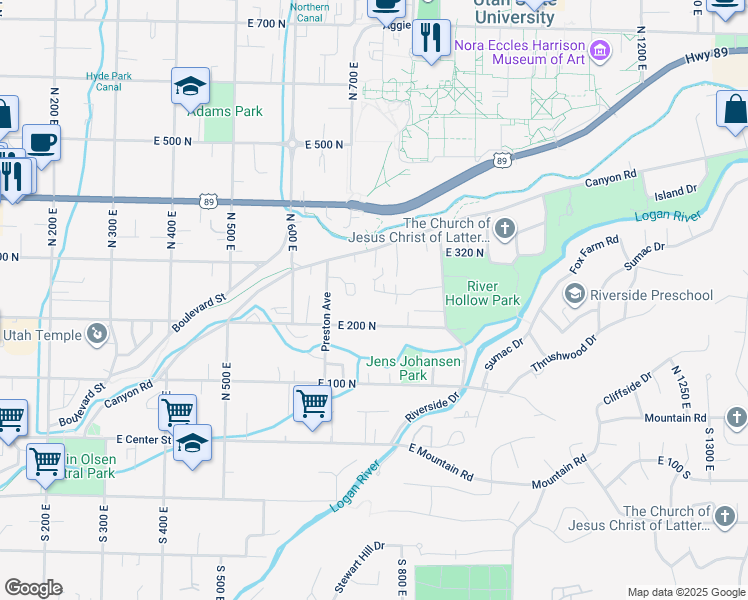 map of restaurants, bars, coffee shops, grocery stores, and more near 725 East 275 North in Logan