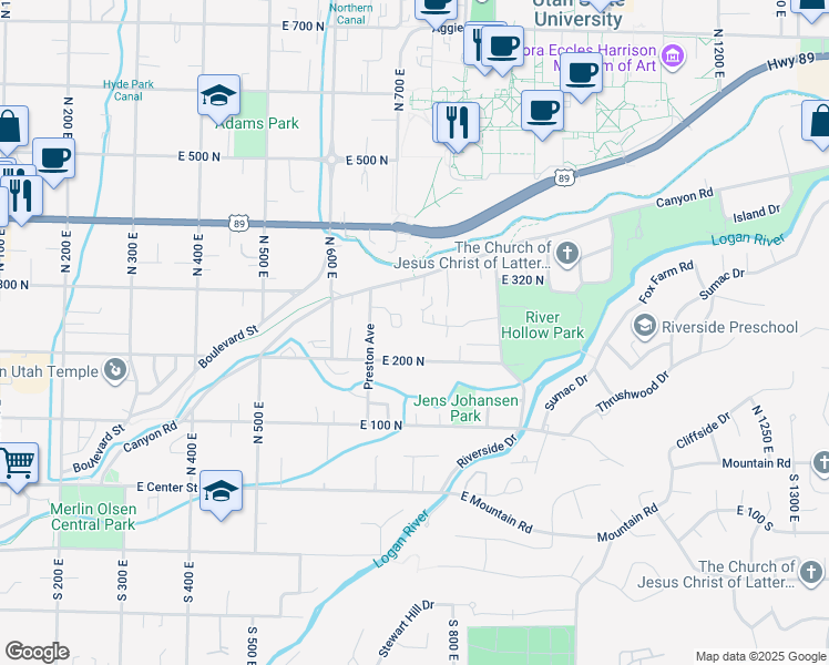 map of restaurants, bars, coffee shops, grocery stores, and more near 725 East 275 North in Logan