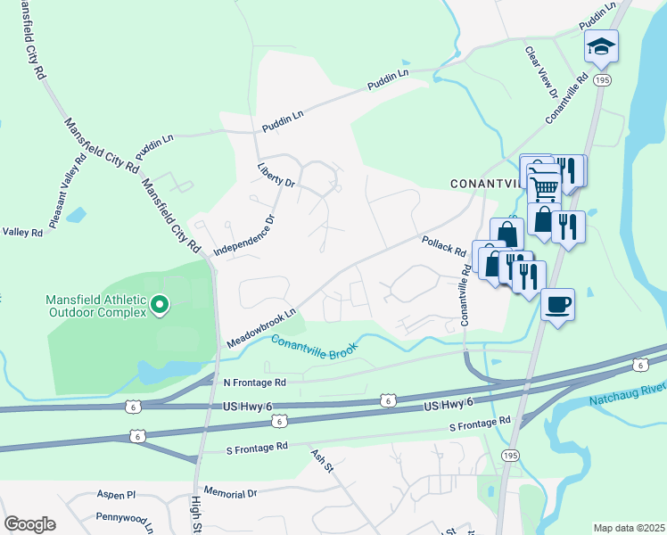 map of restaurants, bars, coffee shops, grocery stores, and more near 86 Meadowbrook Lane in Mansfield