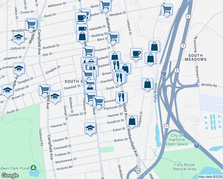 map of restaurants, bars, coffee shops, grocery stores, and more near 26 South Street in Hartford