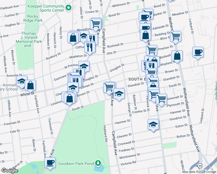 map of restaurants, bars, coffee shops, grocery stores, and more near 232 Brown Street in Hartford