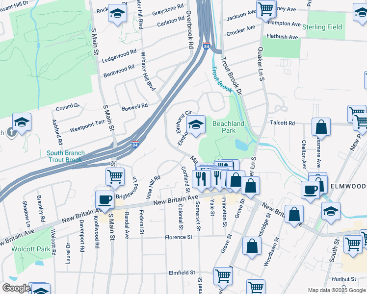 map of restaurants, bars, coffee shops, grocery stores, and more near 24 Elmhurst Street in West Hartford