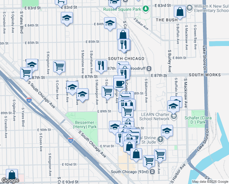 map of restaurants, bars, coffee shops, grocery stores, and more near 8741 South Escanaba Avenue in Chicago