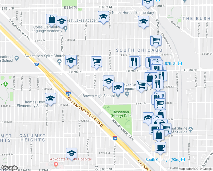 map of restaurants, bars, coffee shops, grocery stores, and more near 8741 South Saginaw Avenue in Chicago