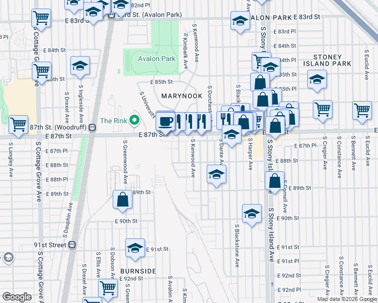map of restaurants, bars, coffee shops, grocery stores, and more near 8729 South Kimbark Avenue in Chicago