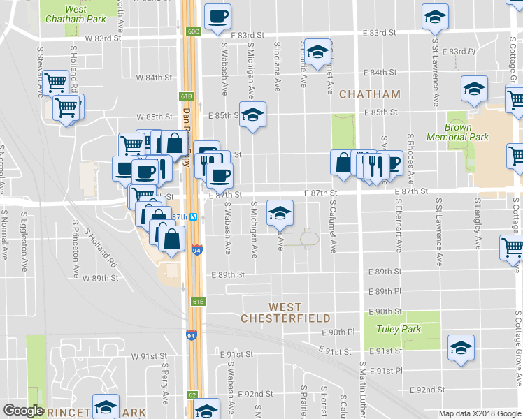 map of restaurants, bars, coffee shops, grocery stores, and more near 91 East 87th Street in Chicago