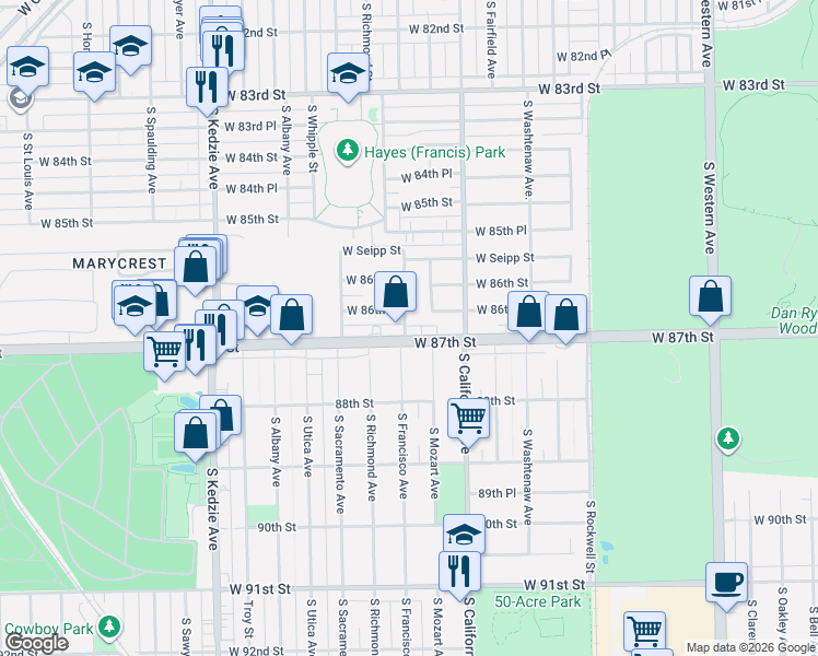 map of restaurants, bars, coffee shops, grocery stores, and more near 8639 South Francisco Avenue in Chicago