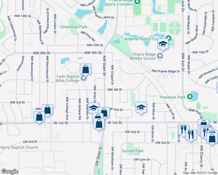 map of restaurants, bars, coffee shops, grocery stores, and more near 1522 Northwest 4th Street in Ankeny