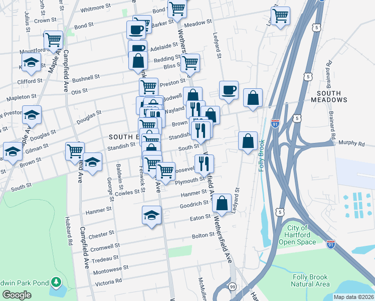 map of restaurants, bars, coffee shops, grocery stores, and more near 26 South Street in Hartford