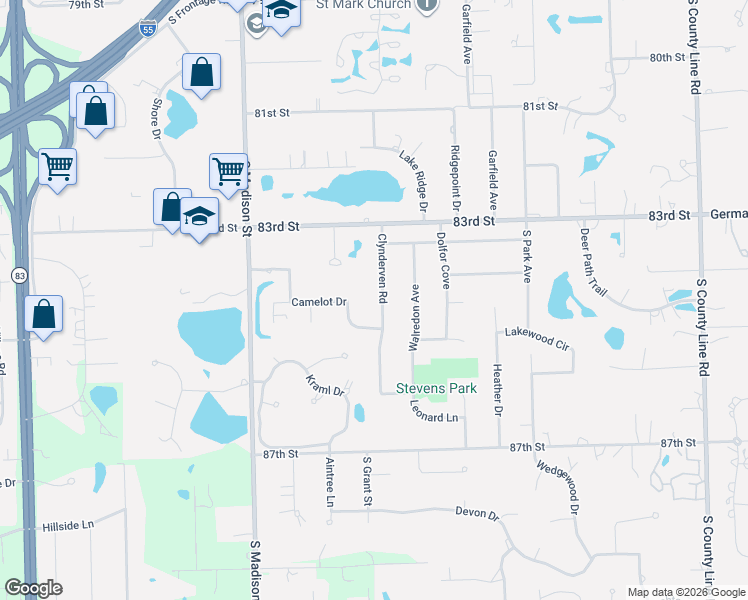 map of restaurants, bars, coffee shops, grocery stores, and more near 8437 Clynderven Road in Burr Ridge