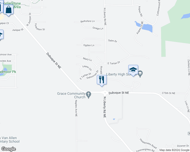 map of restaurants, bars, coffee shops, grocery stores, and more near 1230 Leann Circle in North Liberty