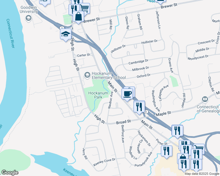 map of restaurants, bars, coffee shops, grocery stores, and more near 21A Naubuc Avenue in East Hartford