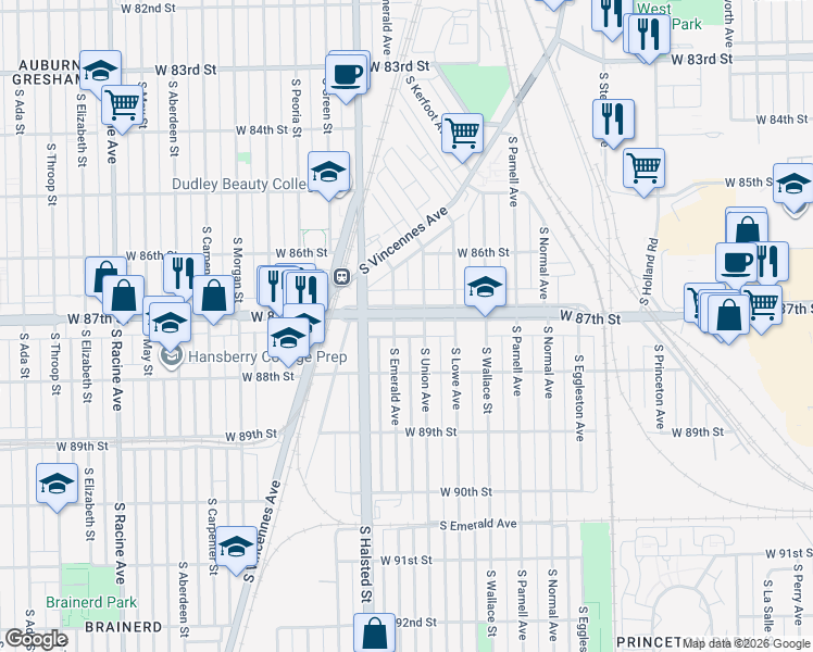 map of restaurants, bars, coffee shops, grocery stores, and more near 717 West 87th Street in Chicago