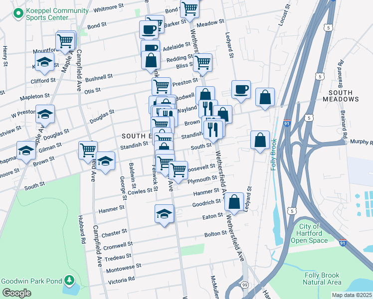 map of restaurants, bars, coffee shops, grocery stores, and more near 54 South St in Hartford