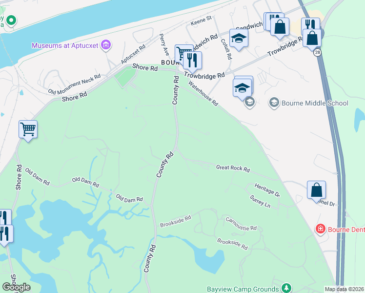 map of restaurants, bars, coffee shops, grocery stores, and more near 4 Dorothy Way in Bourne