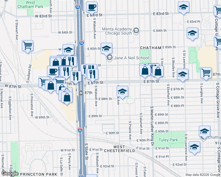 map of restaurants, bars, coffee shops, grocery stores, and more near 8721 South Michigan Avenue in Chicago