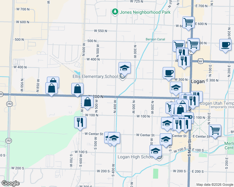 map of restaurants, bars, coffee shops, grocery stores, and more near 395 West 200 North in Logan