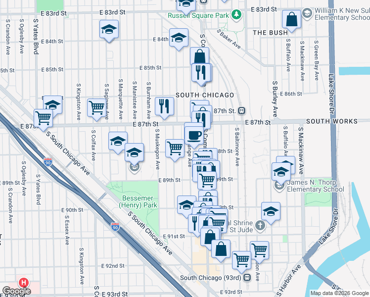 map of restaurants, bars, coffee shops, grocery stores, and more near 8752 South Exchange Avenue in Chicago