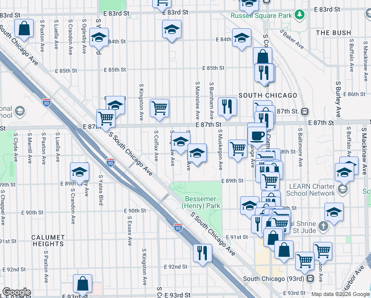 map of restaurants, bars, coffee shops, grocery stores, and more near 8752 South Marquette Avenue in Chicago